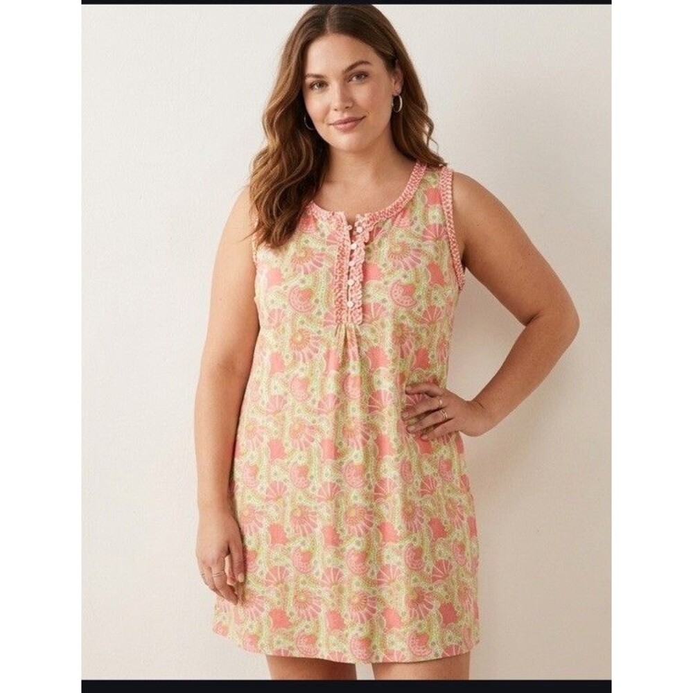 Gretchen Scott Flirt Dress Pink Green White Ruffle Neck XL Coastal Resort